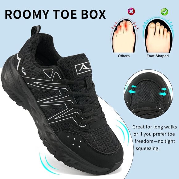 Women's Sneakers Walking Shoes Slip on Cushion Tennis Shoe Workout Gym All Black - Picture 3 of 6